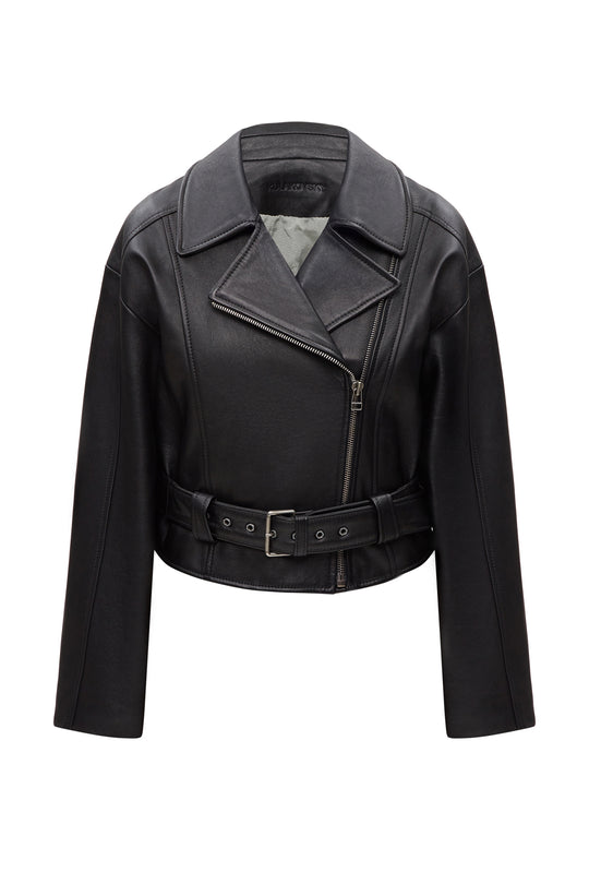 THICK LEATHER BIKER JACKET IN BLACK