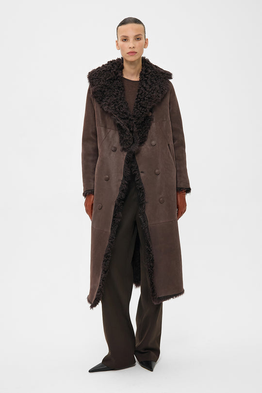 SELENA REVERSIBLE SHEARLING COAT IN CHOCOLATE BROWN