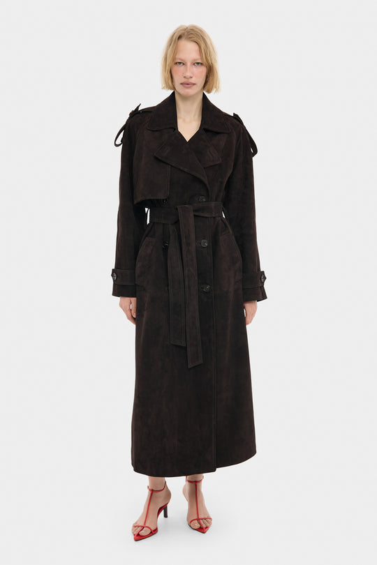 HAZEL SUEDE TRENCH COAT IN DARK BROWN