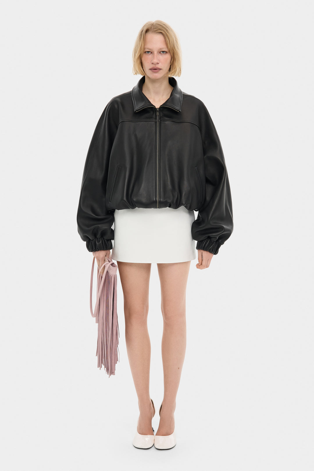 BLAIR LEATHER BOMBER JACKET WITH EXTRA WIDE SLEEVES IN BLACK