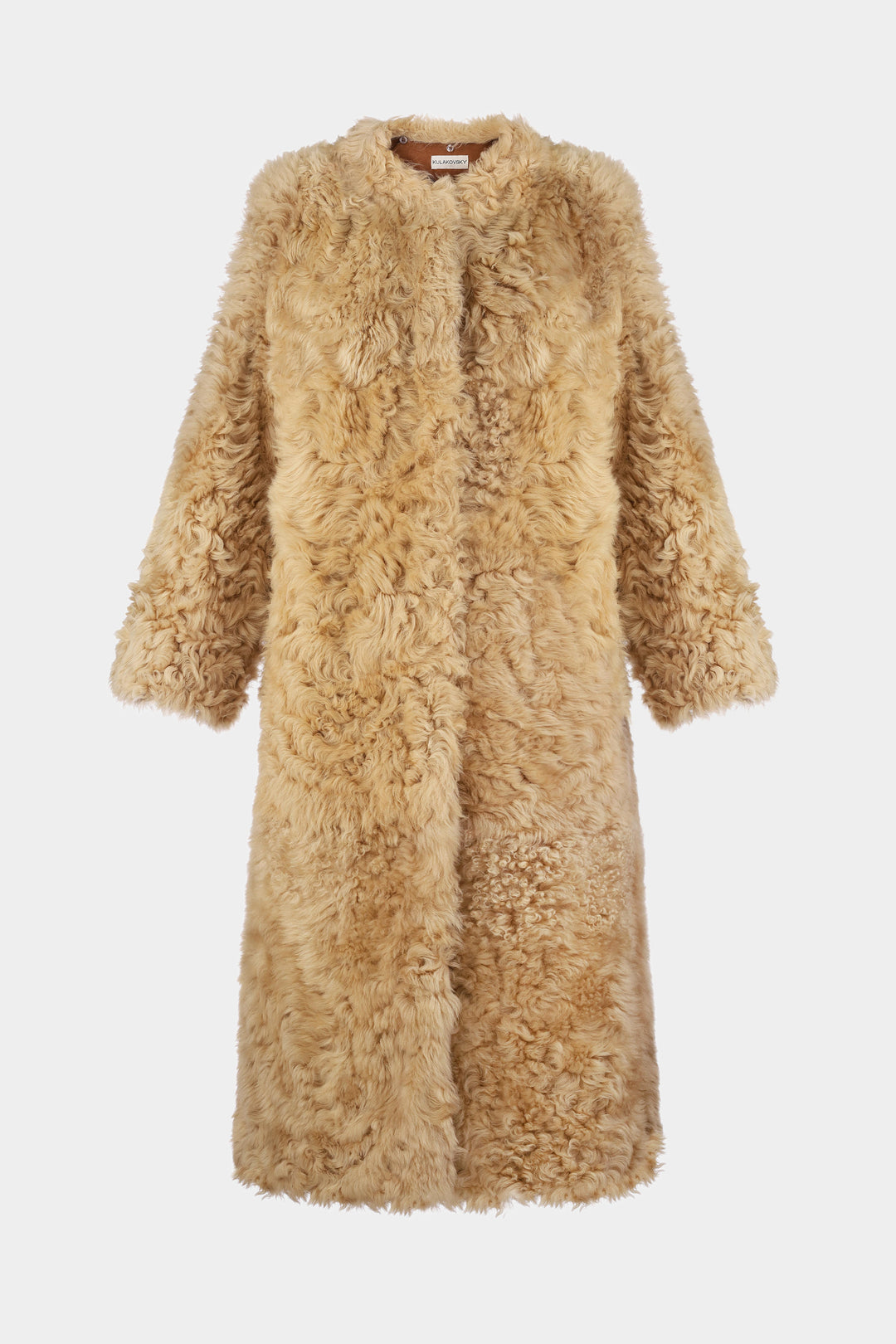 DERIHA LONG SHEARLING COAT WITH REMOVABLE COLLAR IN BEIGE