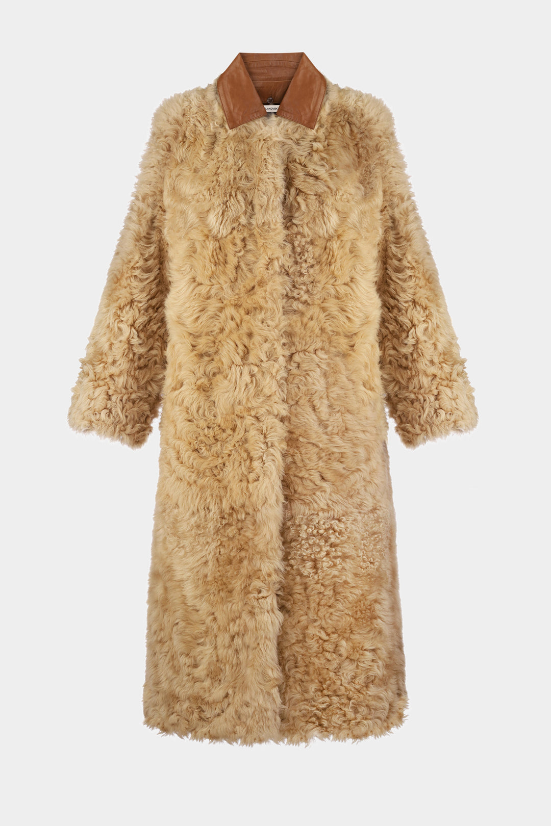 DERIHA LONG SHEARLING COAT WITH REMOVABLE COLLAR IN BEIGE