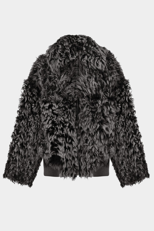 MAEVE REVERSIBLE SHEARLING BOMBER JACKET IN ONYX GREY