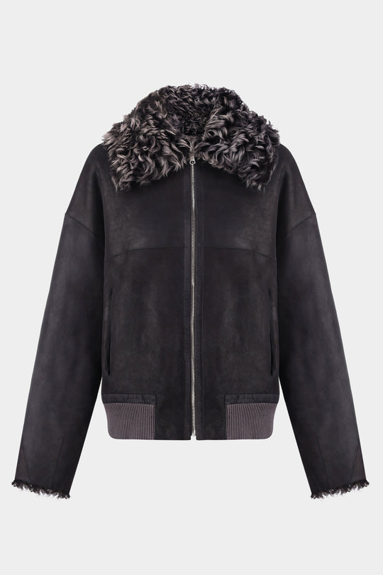 MAEVE REVERSIBLE SHEARLING BOMBER JACKET IN ONYX GREY