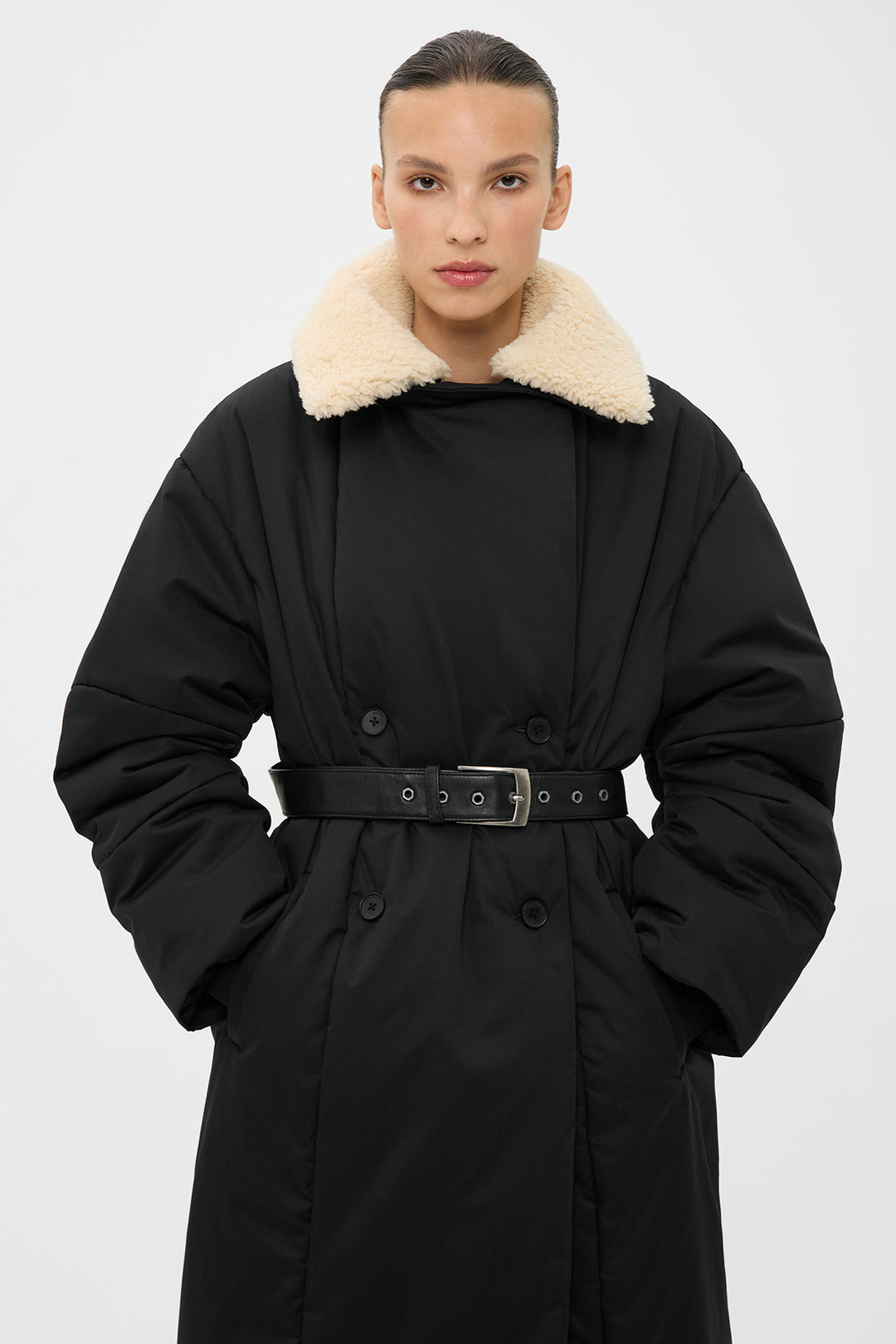 OSTIN PUFFER COAT WITH DETACHABLE SHEARLING COLLAR IN BLACK