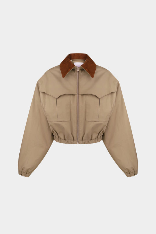 ADEL CROPPED COTTON BOMBER JACKET WITH REMOVABLE SUEDE COLLAR IN BEIGE