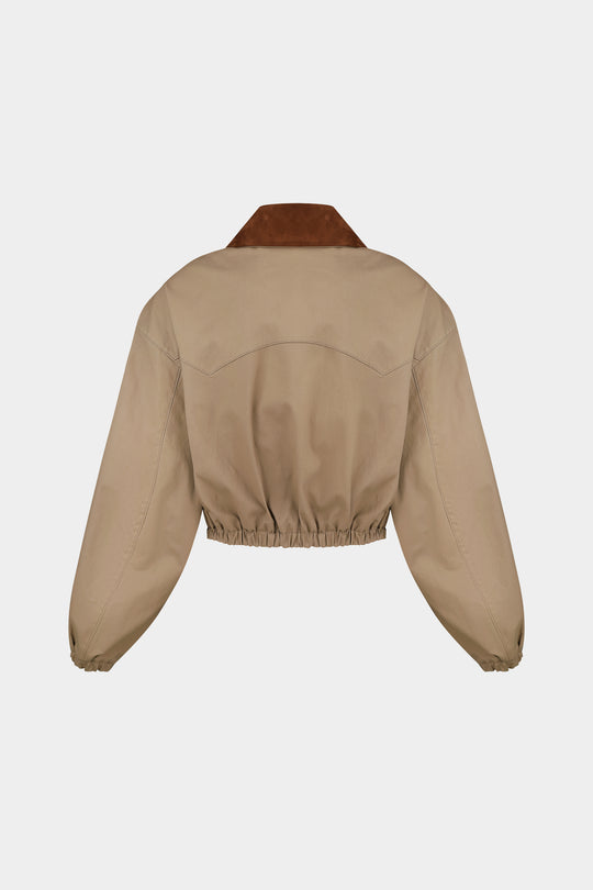 ADEL CROPPED COTTON BOMBER JACKET WITH REMOVABLE SUEDE COLLAR IN BEIGE