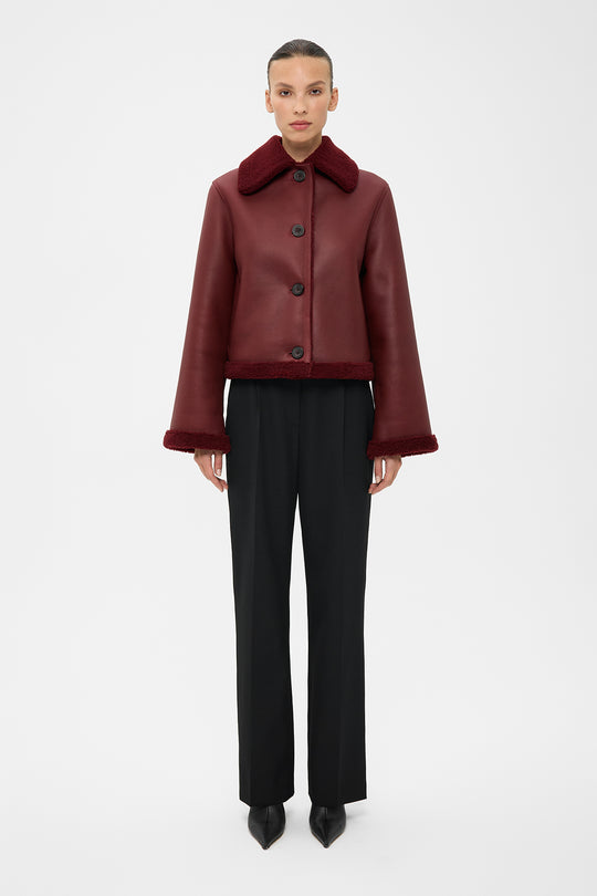 JOANNA CROPPED SHEARLING JACKET IN WINE RED