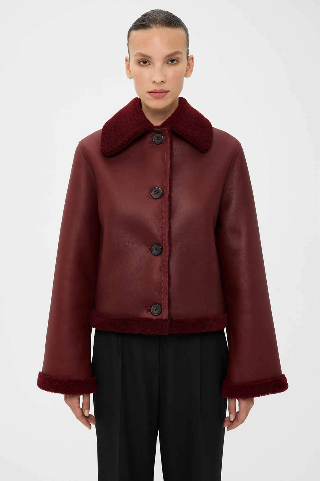 JOANNA CROPPED SHEARLING JACKET IN WINE RED