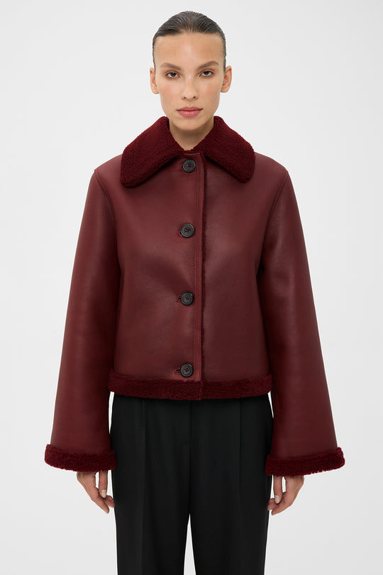 JOANNA CROPPED SHEARLING JACKET IN WINE RED