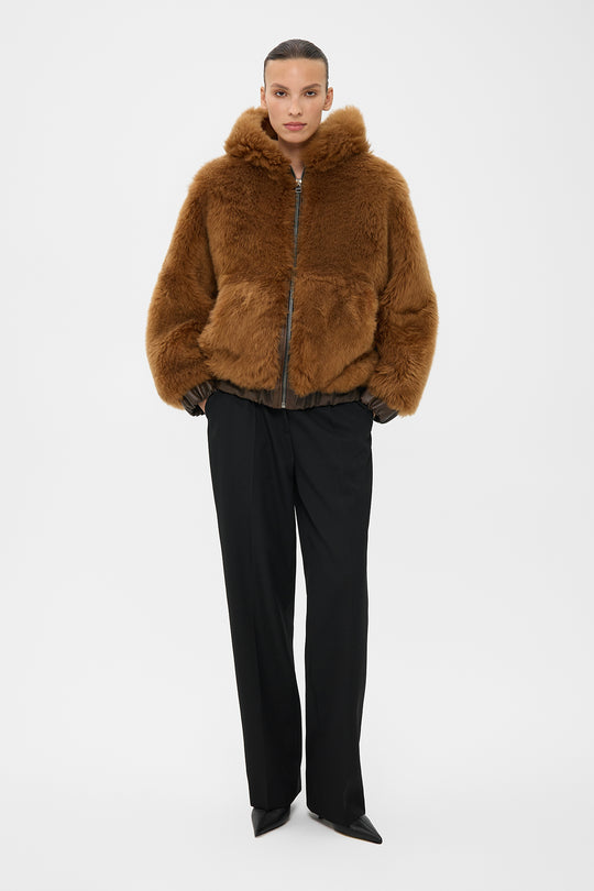 TEDDY VOLUMINOUS
  SHEARLING BOMBER JACKET IN CINNAMON