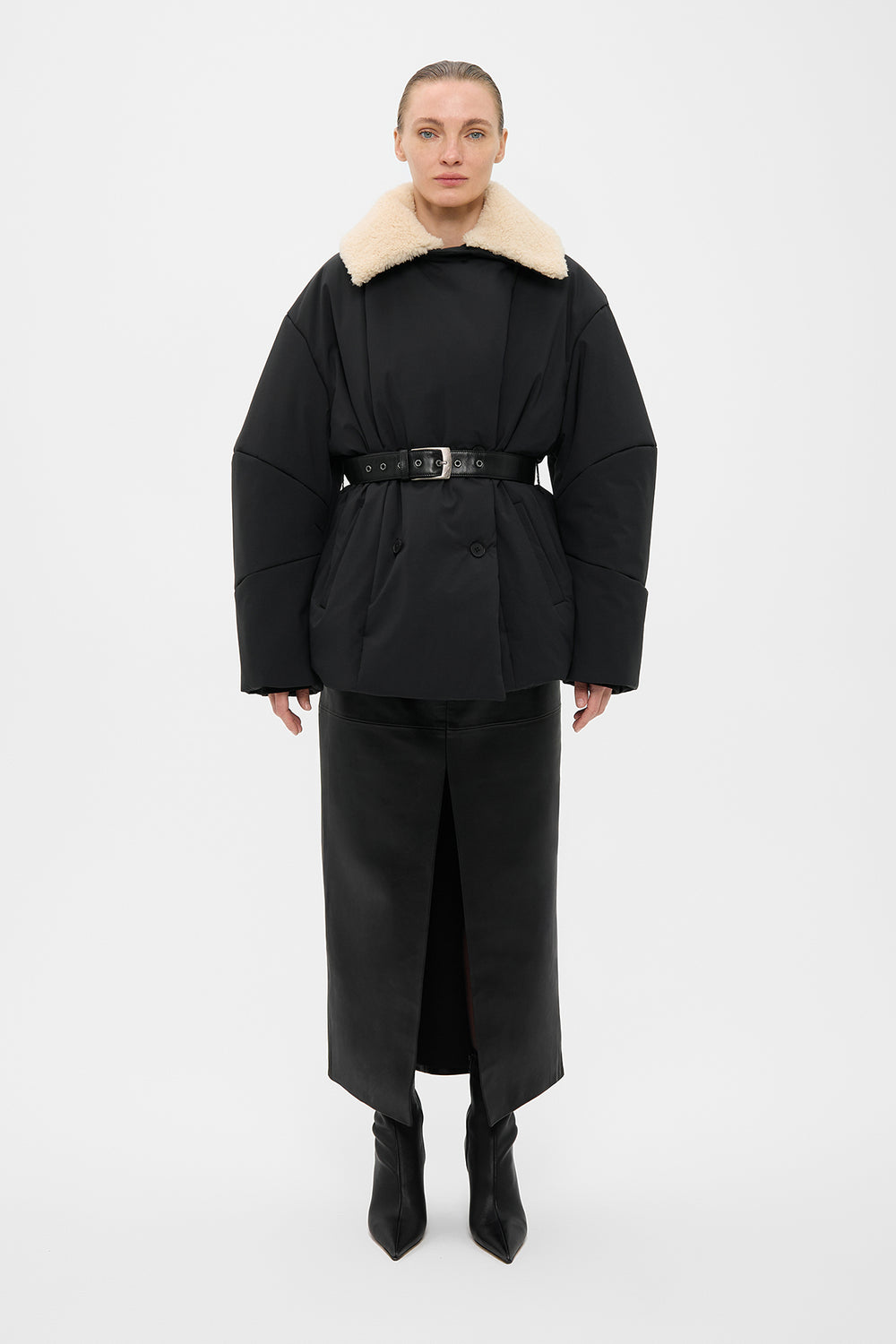 OSTIN ELONGATED PUFFER JACKET WITH DETACHABLE SHEARLING COLLAR IN BLACK