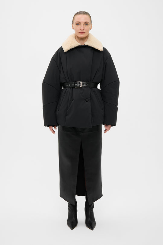 OSTIN ELONGATED PUFFER JACKET WITH DETACHABLE SHEARLING COLLAR IN BLACK