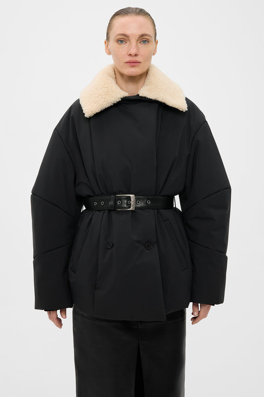 OSTIN ELONGATED PUFFER JACKET WITH DETACHABLE SHEARLING COLLAR IN BLACK