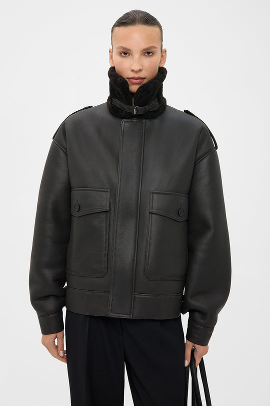 THOM SHEARLING BOMBER JACKET IN DARK BROWN