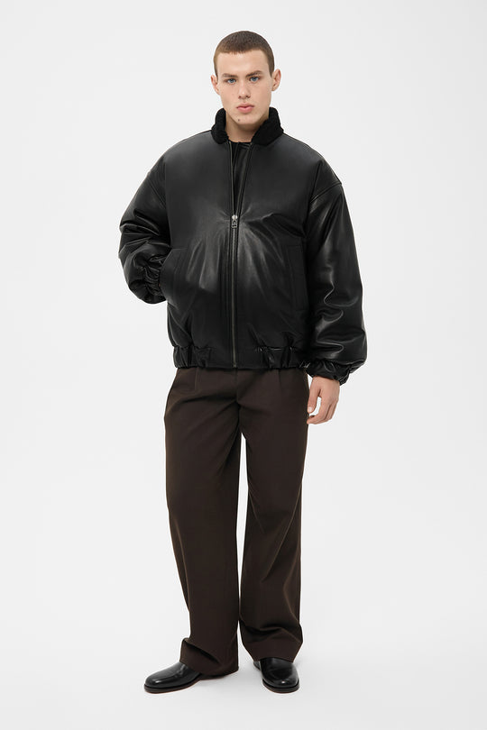 AARON LEATHER PUFFER JACKET WITH SHEARLING COLLAR IN BLACK