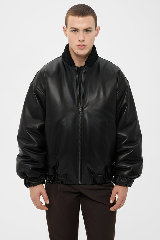 AARON LEATHER PUFFER JACKET WITH SHEARLING COLLAR IN BLACK