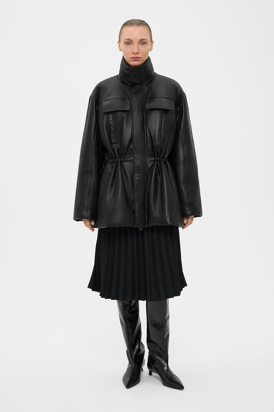 ALANA LEATHER PADDED PARKA JACKET WITH HOOD IN BLACK