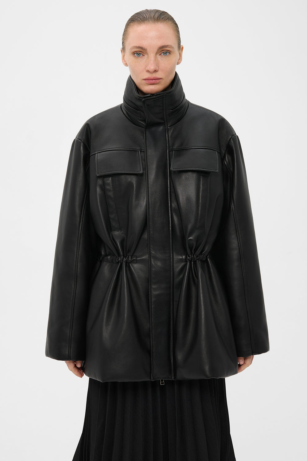 ALANA LEATHER PADDED PARKA JACKET WITH HOOD IN BLACK