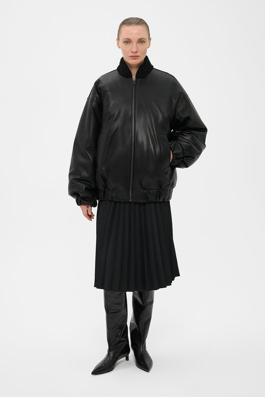 AARON LEATHER PUFFER JACKET WITH SHEARLING COLLAR IN BLACK