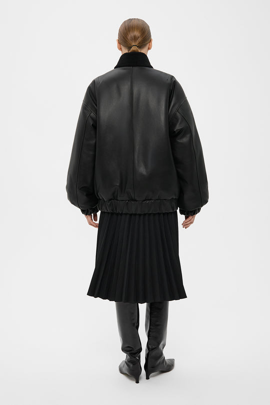 AARON LEATHER PUFFER JACKET WITH SHEARLING COLLAR IN BLACK