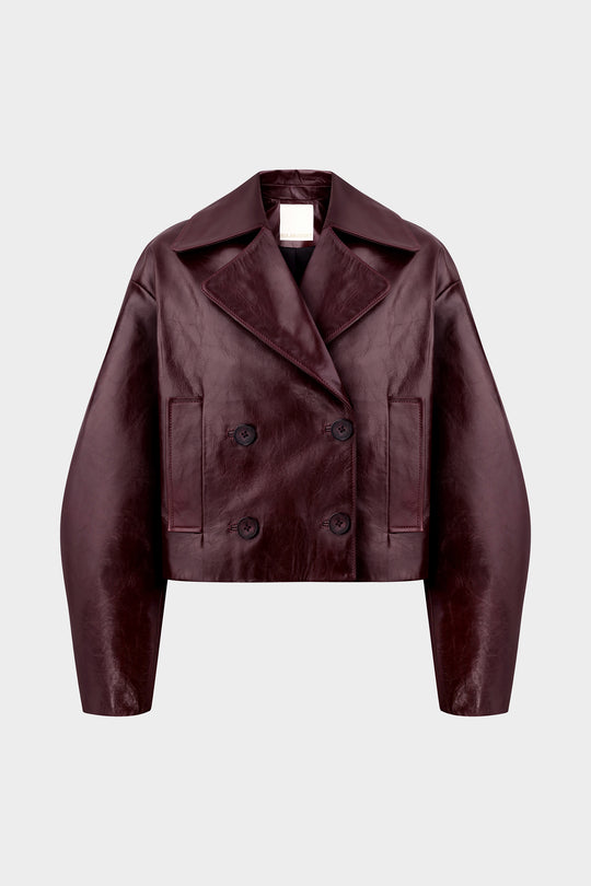 BRIANA DOUBLE BREASTED CROPPED LEATHER JACKET IN MERLOT