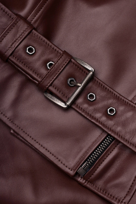 THICK LEATHER BIKER JACKET IN BORDO