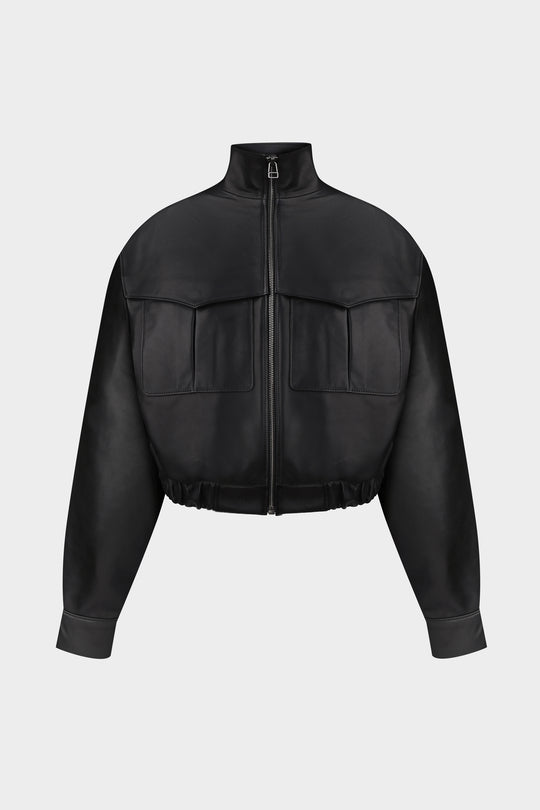 RACHEL LEATHER BOMBER JACKET IN BLACK