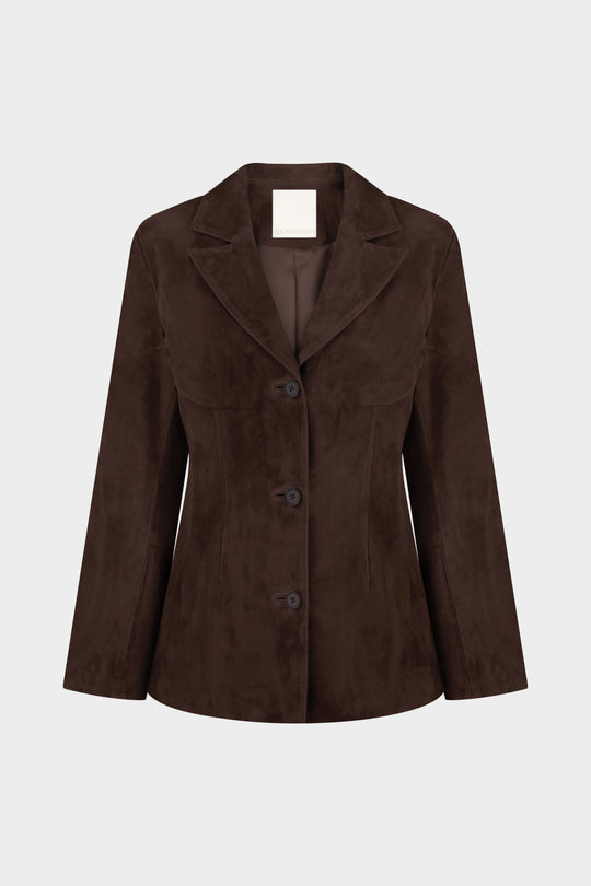 GIA SILHOUETTED SUEDE BLAZER JACKET IN WALNUT BROWN