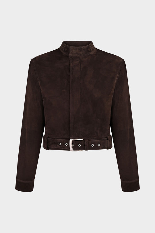 LILA SLIM FIT SUEDE MOTO IN DARK BROWN