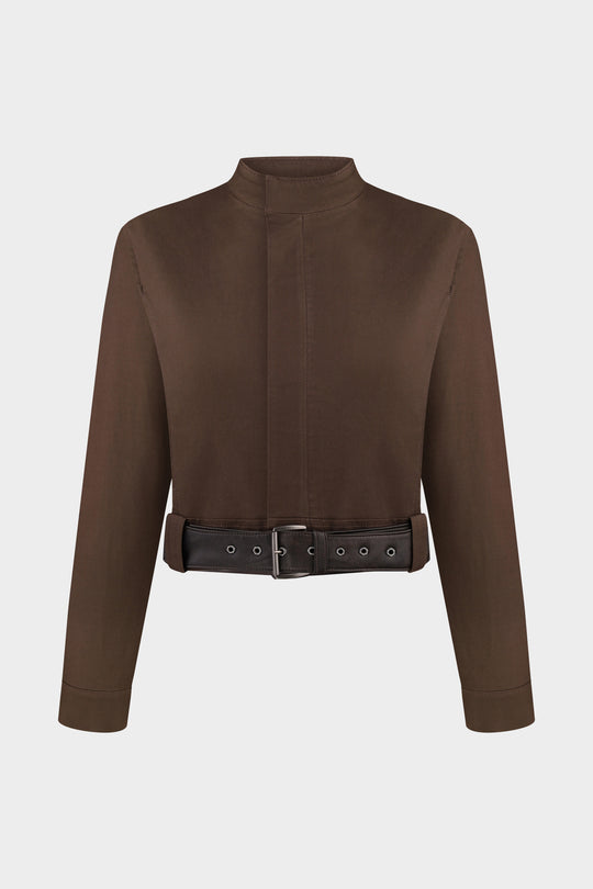 LILA SLIM FIT COTTON MOTO JACKET IN BROWN