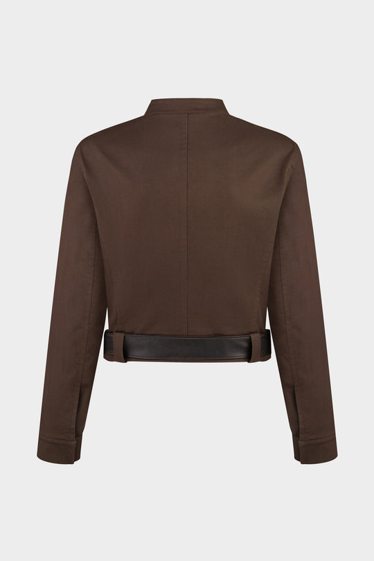 LILA SLIM FIT COTTON MOTO JACKET IN BROWN