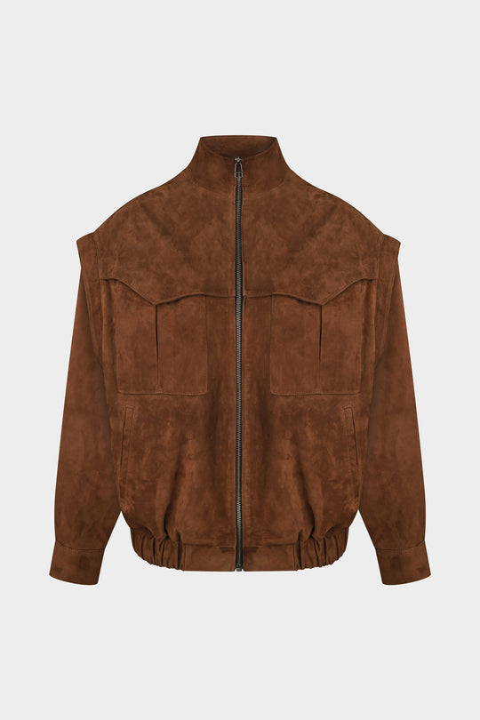 RACHEL ELONGATED TRANSFORMABLE SUEDE BOMBER JACKET IN BROWN