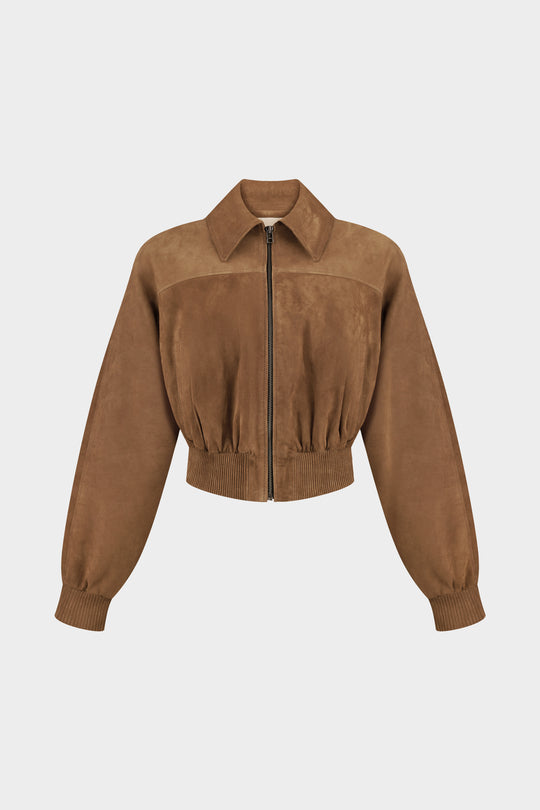 JENNIFER CROPPED SUEDE BOMBER JACKET IN TOBACCO