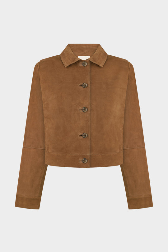 ADRIANA CROPPED BUTTON-UP SUEDE JACKET IN TOBACCO