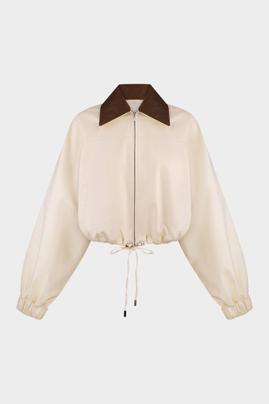 ADELINE OVERSIZED COTTON BOMBER JACKET WITH DETACHABLE LEATHER COLLAR IN MILK