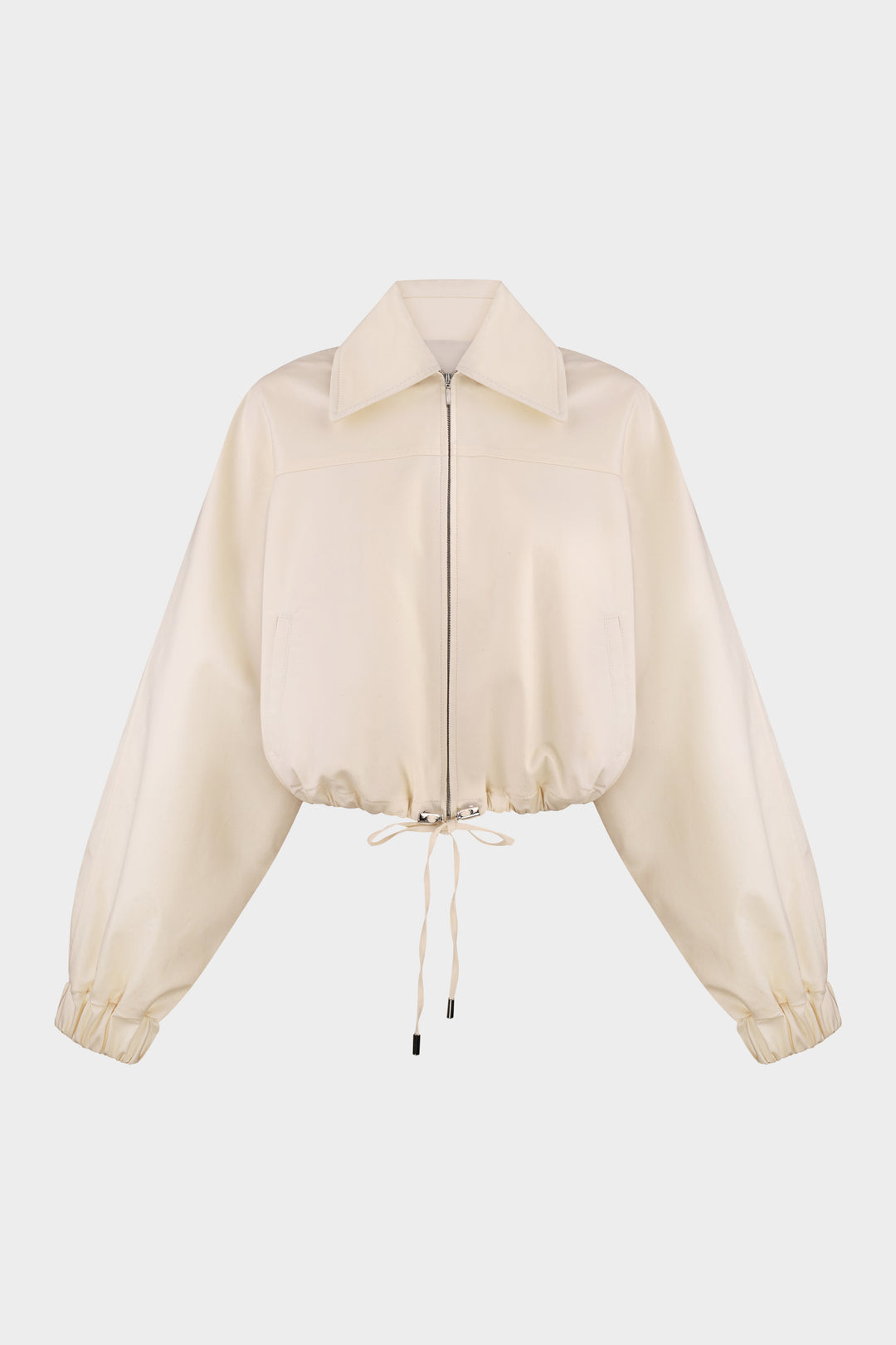 ADELINE OVERSIZED COTTON BOMBER JACKET WITH DETACHABLE LEATHER COLLAR IN MILK