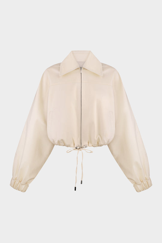 ADELINE OVERSIZED COTTON BOMBER JACKET WITH DETACHABLE LEATHER COLLAR IN MILK