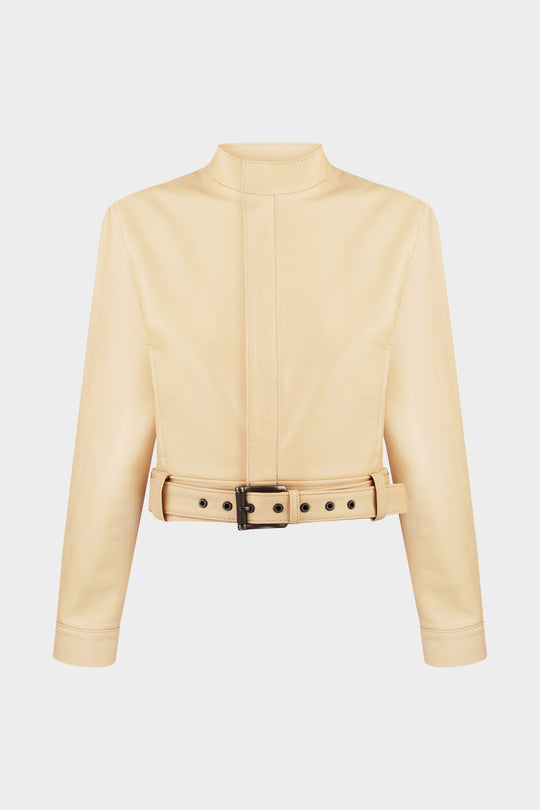 LILA SLIM FIT LEATHER MOTO JACKET IN PALE BANANA