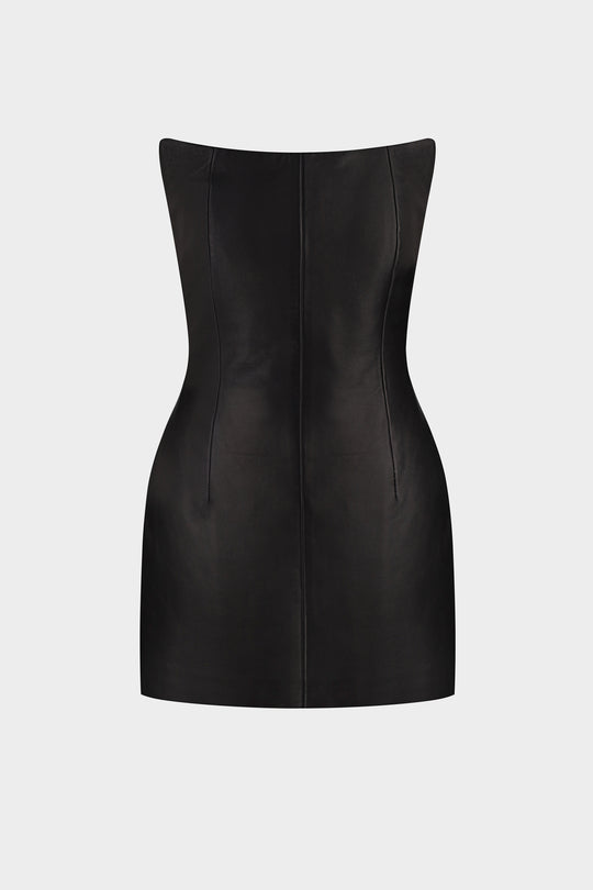 LILITH LEATHER COCKTAIL MINI DRESS IN BLACK