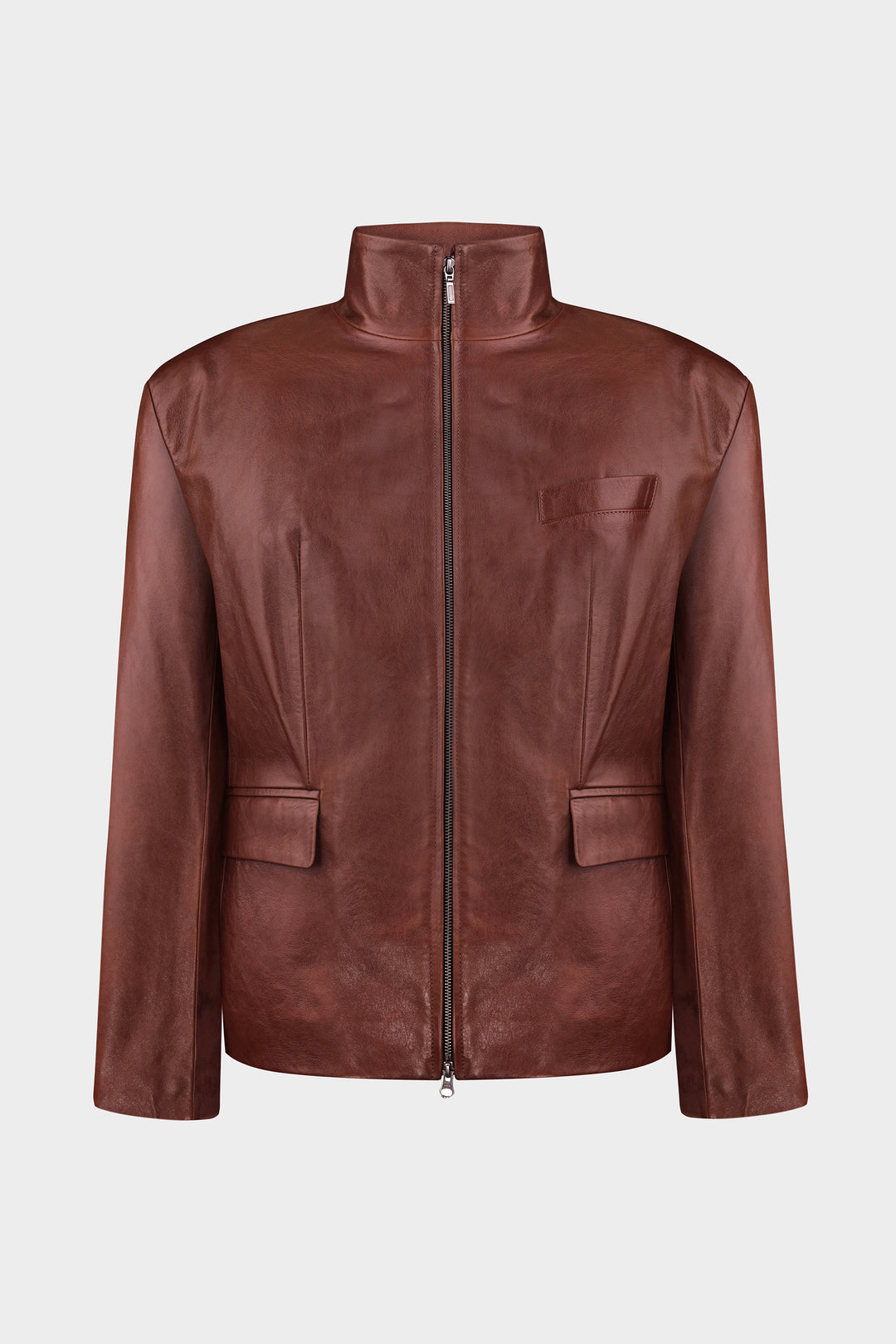 WAYNE LEATHER BLAZER JACKET WITH ZIPPER IN RUSSET BROWN