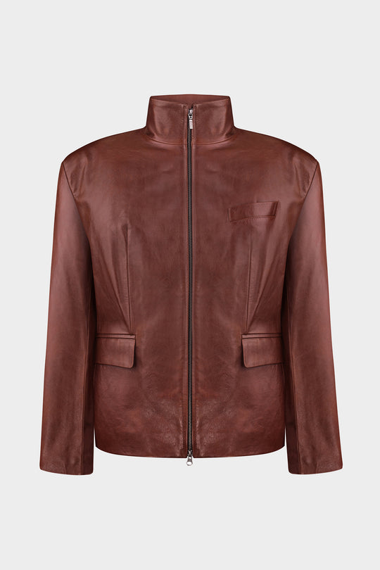 WAYNE LEATHER BLAZER JACKET WITH ZIPPER IN RUSSET BROWN