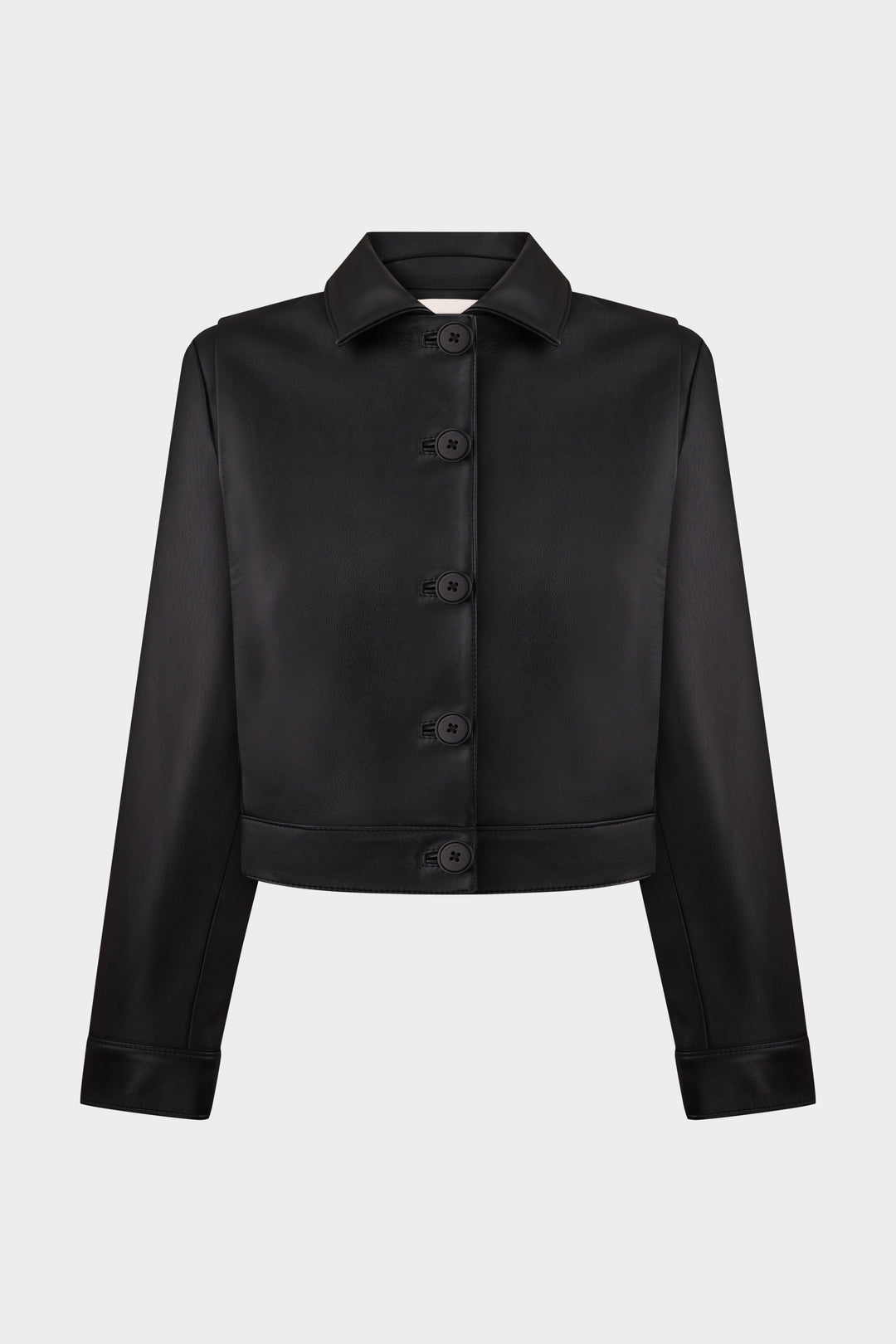 ADRIANA CROPPED BUTTON-UP LEATHER JACKET IN BLACK