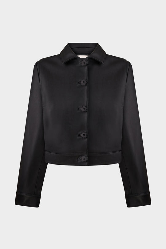 ADRIANA CROPPED BUTTON-UP LEATHER JACKET IN BLACK