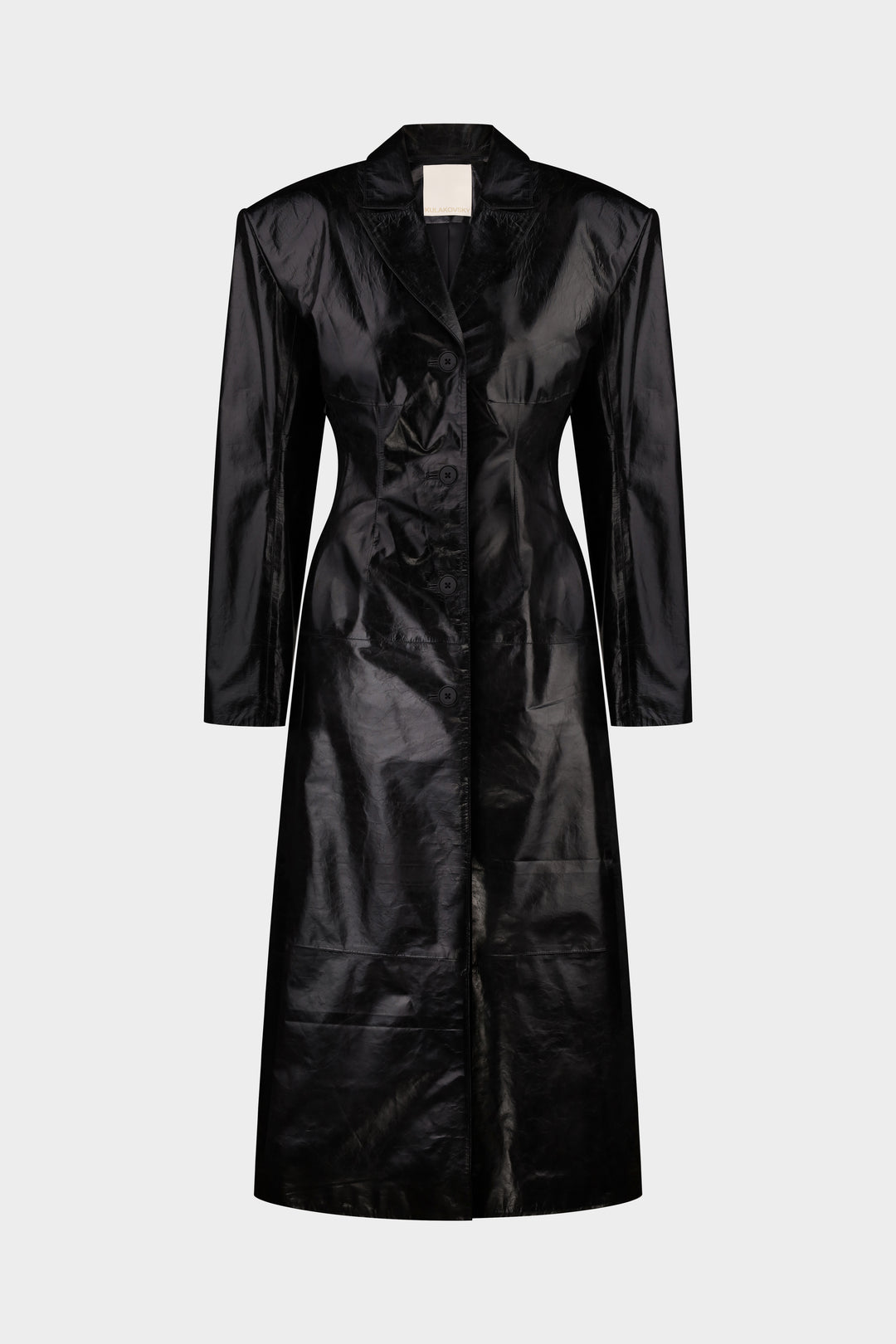 GIA SILHOUETTED LEATHER COAT IN VOID BLACK