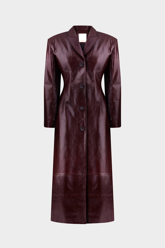 GIA SILHOUETTED LONG LEATHER COAT IN MERLOT