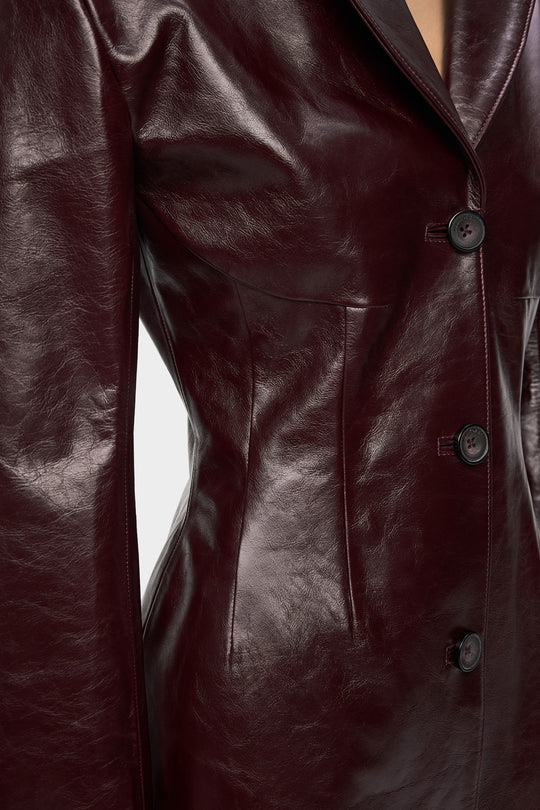 GIA SILHOUETTED LONG LEATHER COAT IN MERLOT