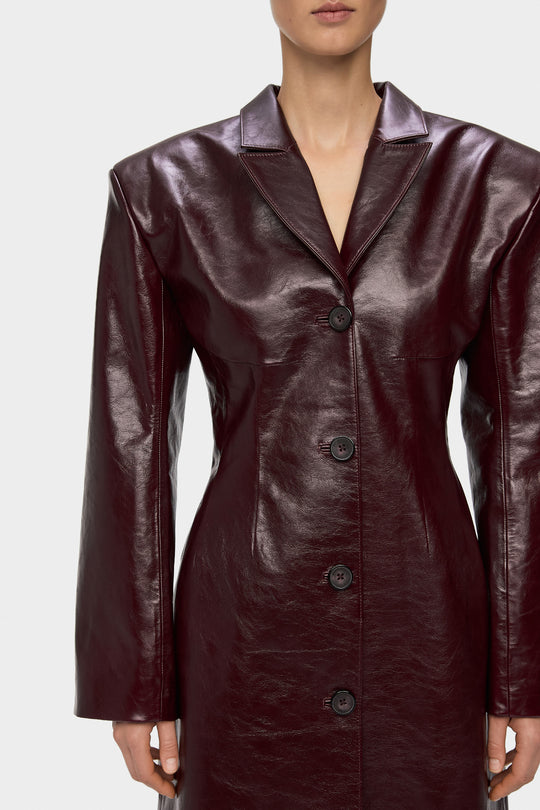 GIA SILHOUETTED LONG LEATHER COAT IN MERLOT