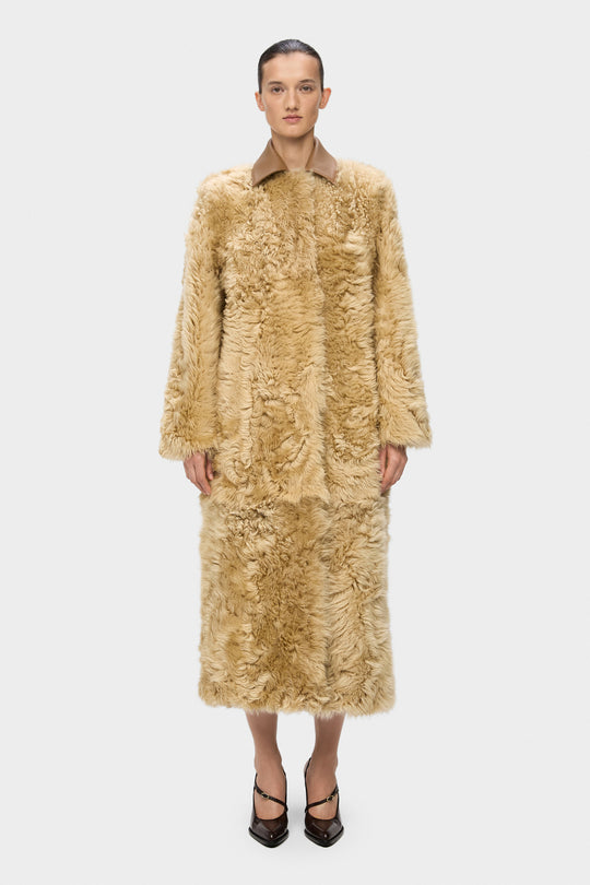 DERIHA LONG SHEARLING COAT WITH REMOVABLE COLLAR IN BEIGE