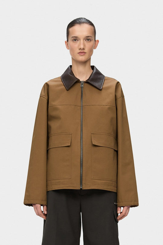 ADEL ELONGATED JACKET WITH LEATHER COLLAR IN BROWN